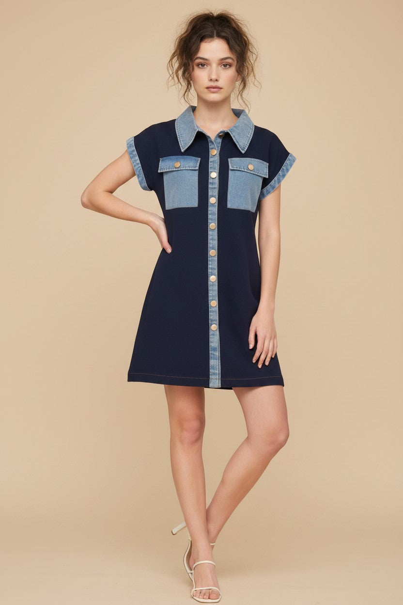[AI-GEN] Knit Short Dress with Denim Pockets