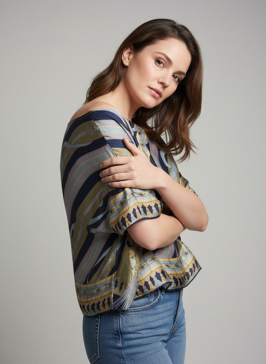 [AI-GEN] OOAK Vintage Silk Rope Print Scarf Top