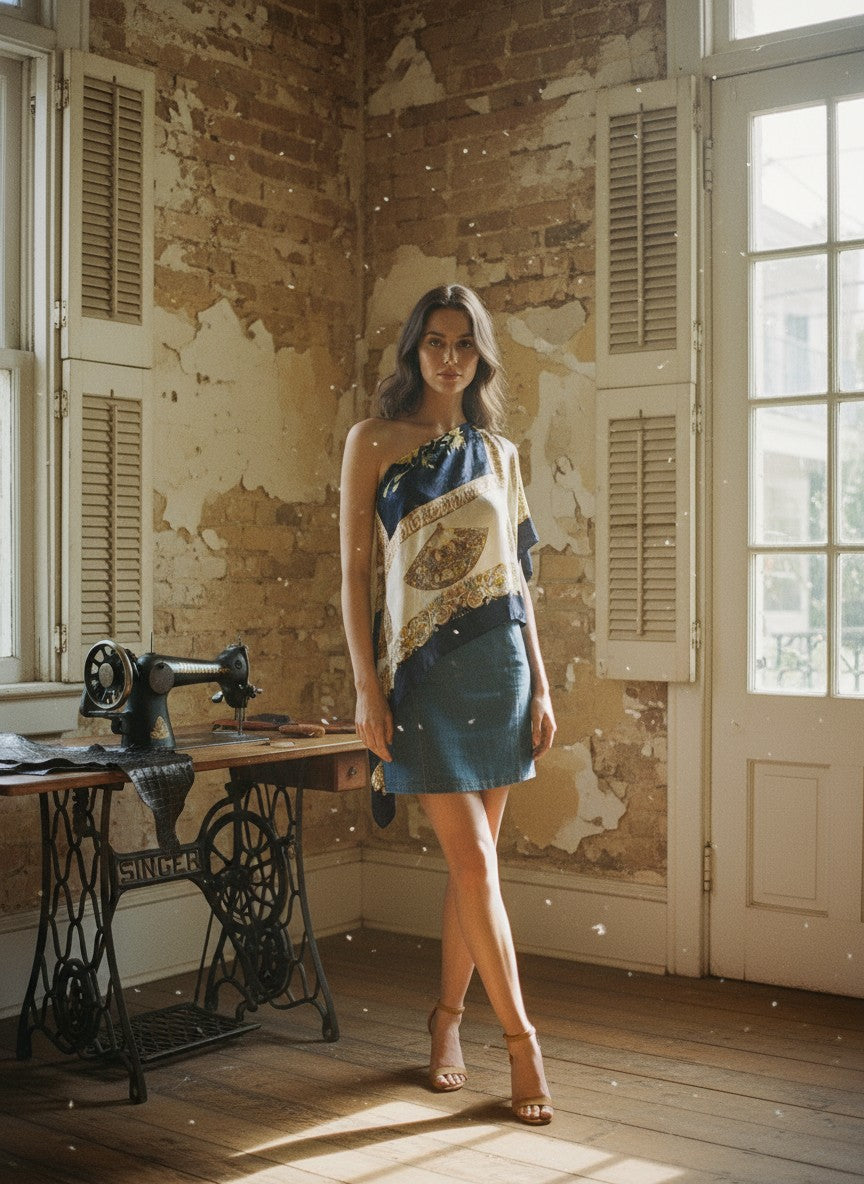 [AI-GEN] OOAK Fan Print Silk Scarf Top
