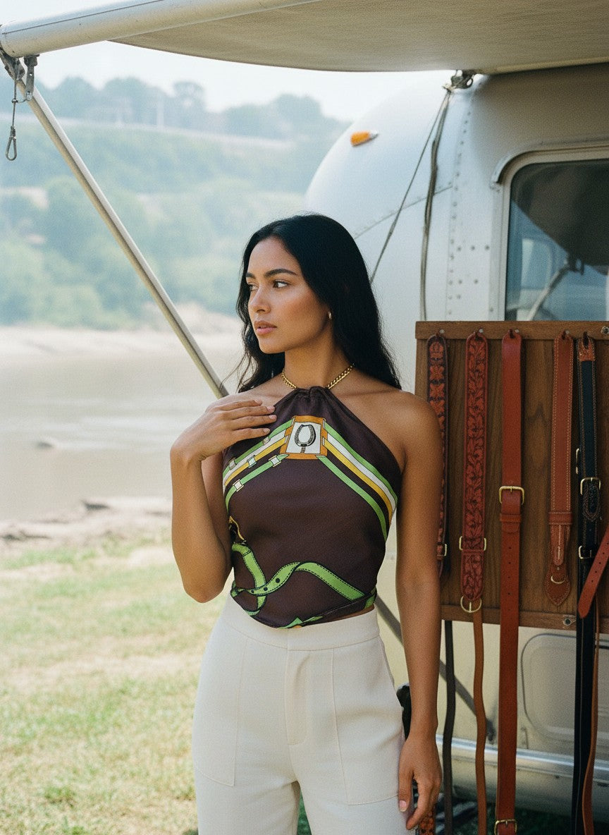 [AI-GEN] OOAK Vintage Italian Silk Equestrian Scarf Halter Crop Top