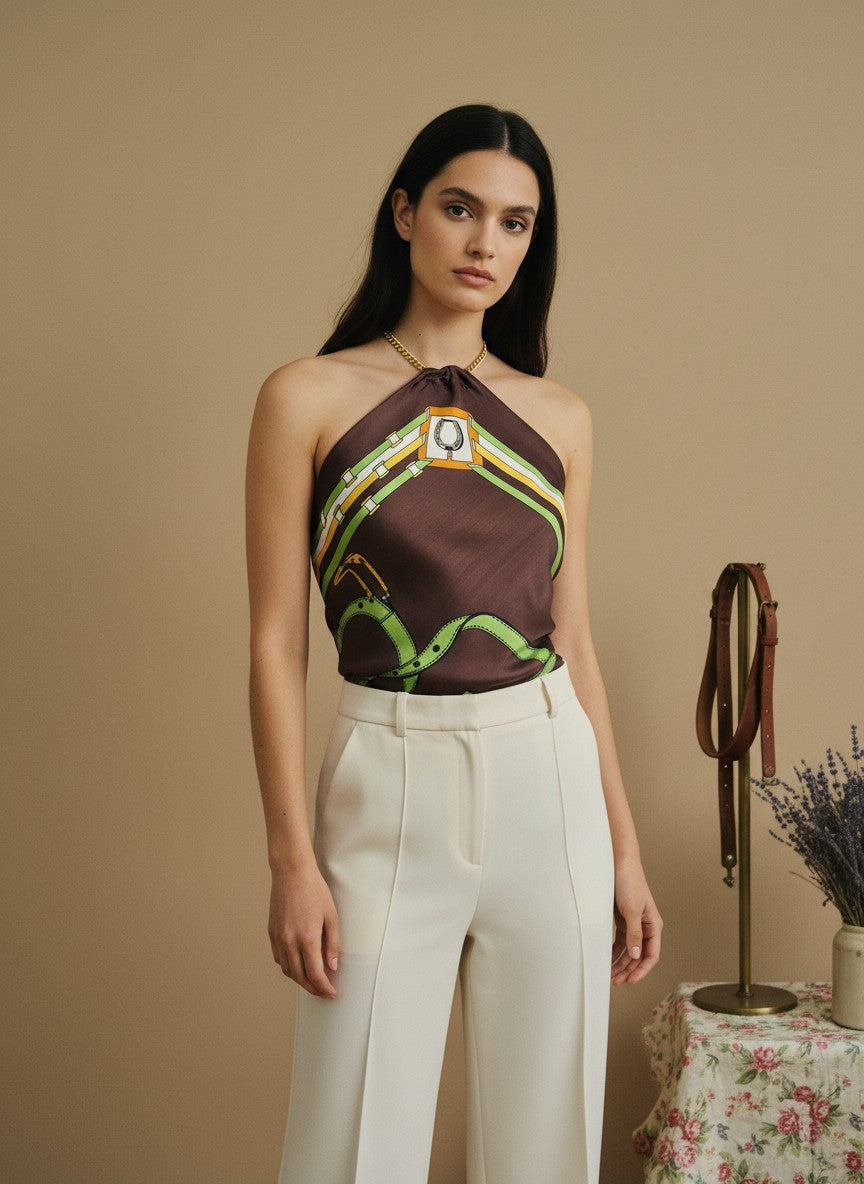 [AI-GEN] OOAK Vintage Italian Silk Equestrian Scarf Halter Crop Top