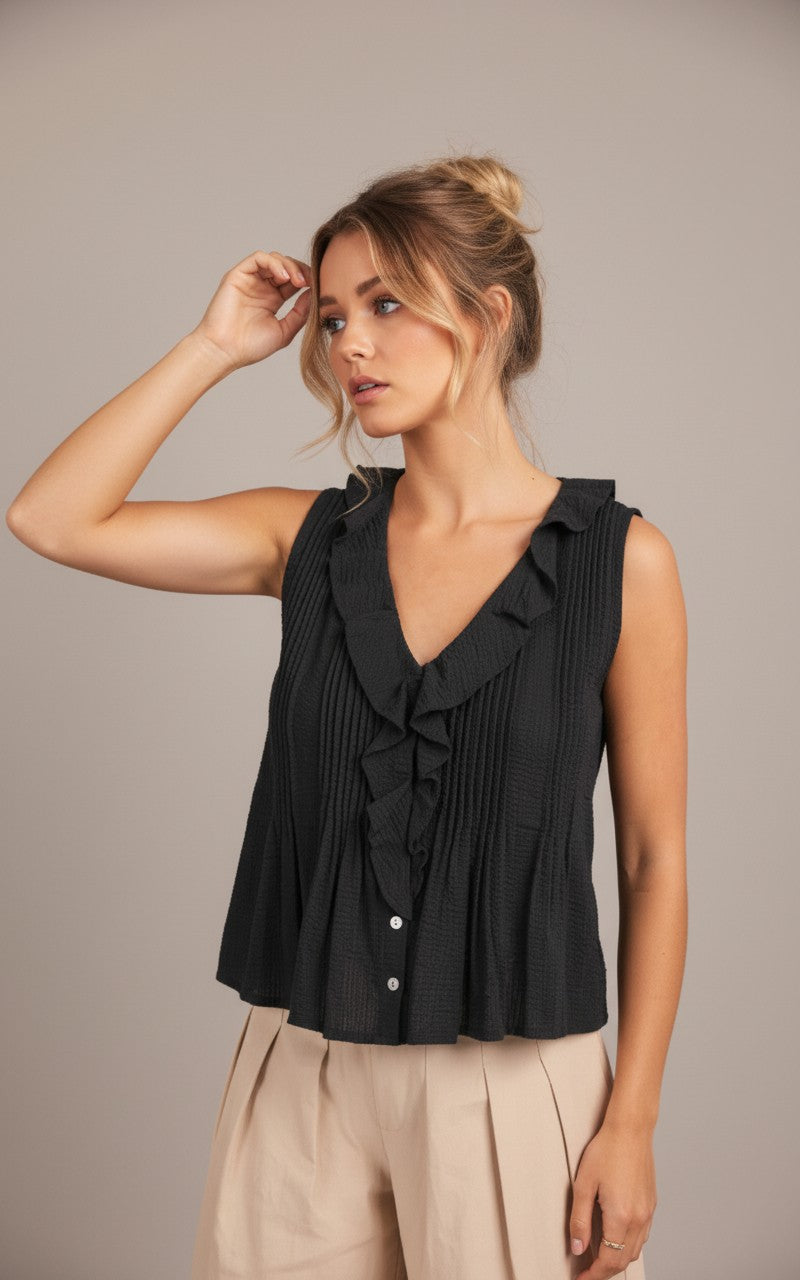 [AI-GEN] Sadie & Sage Terra Ruffle Pintuck Sleeveless Top