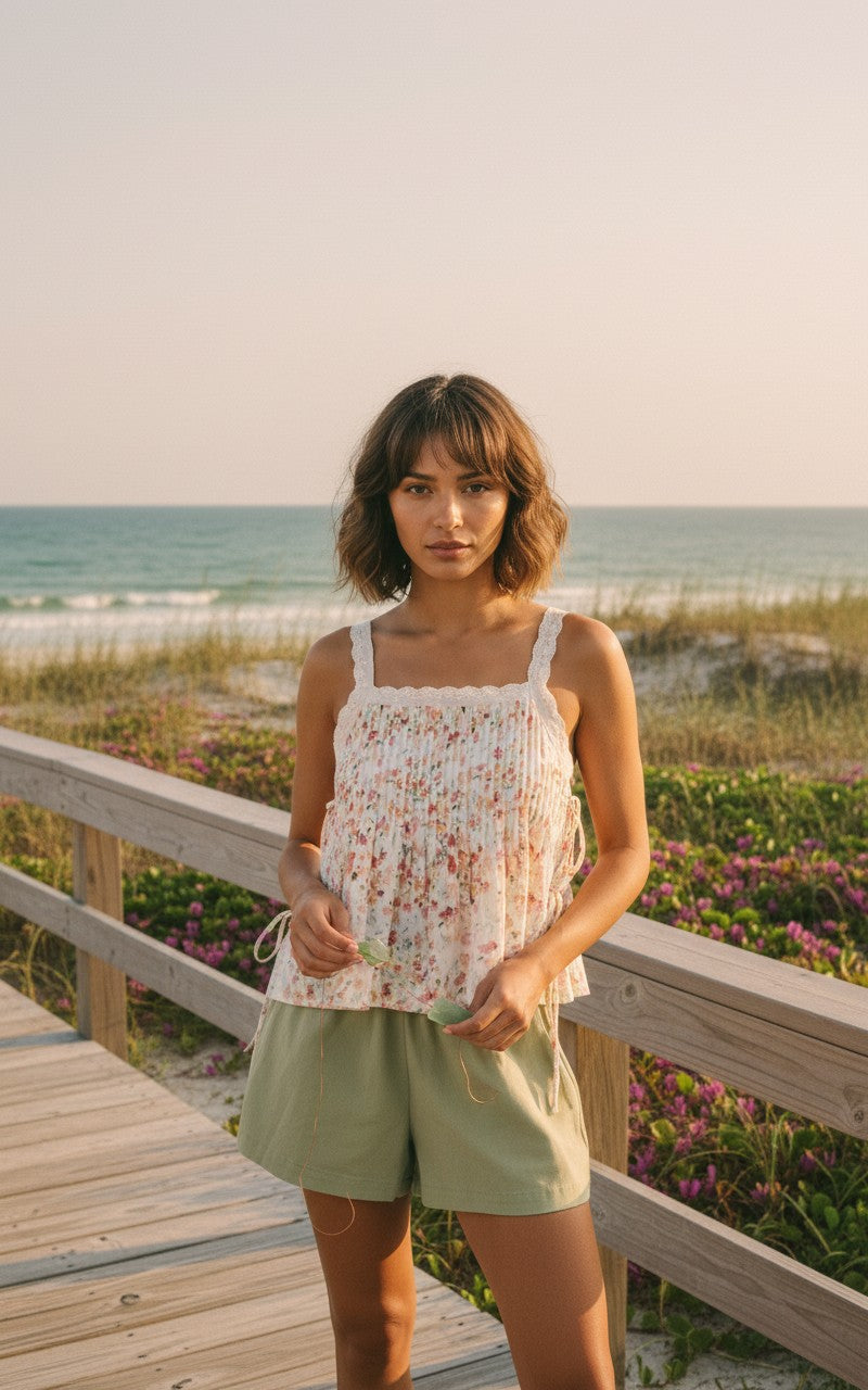 [AI-GEN] Sadie & Sage Rosita Pintuck Lace Trim Top