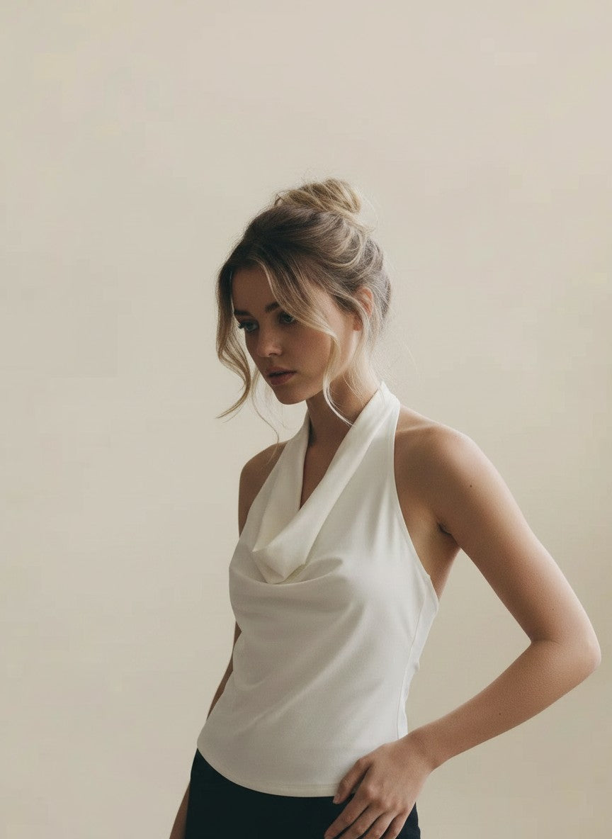 [AI-GEN] Cowl Neck Ruched Halter Top