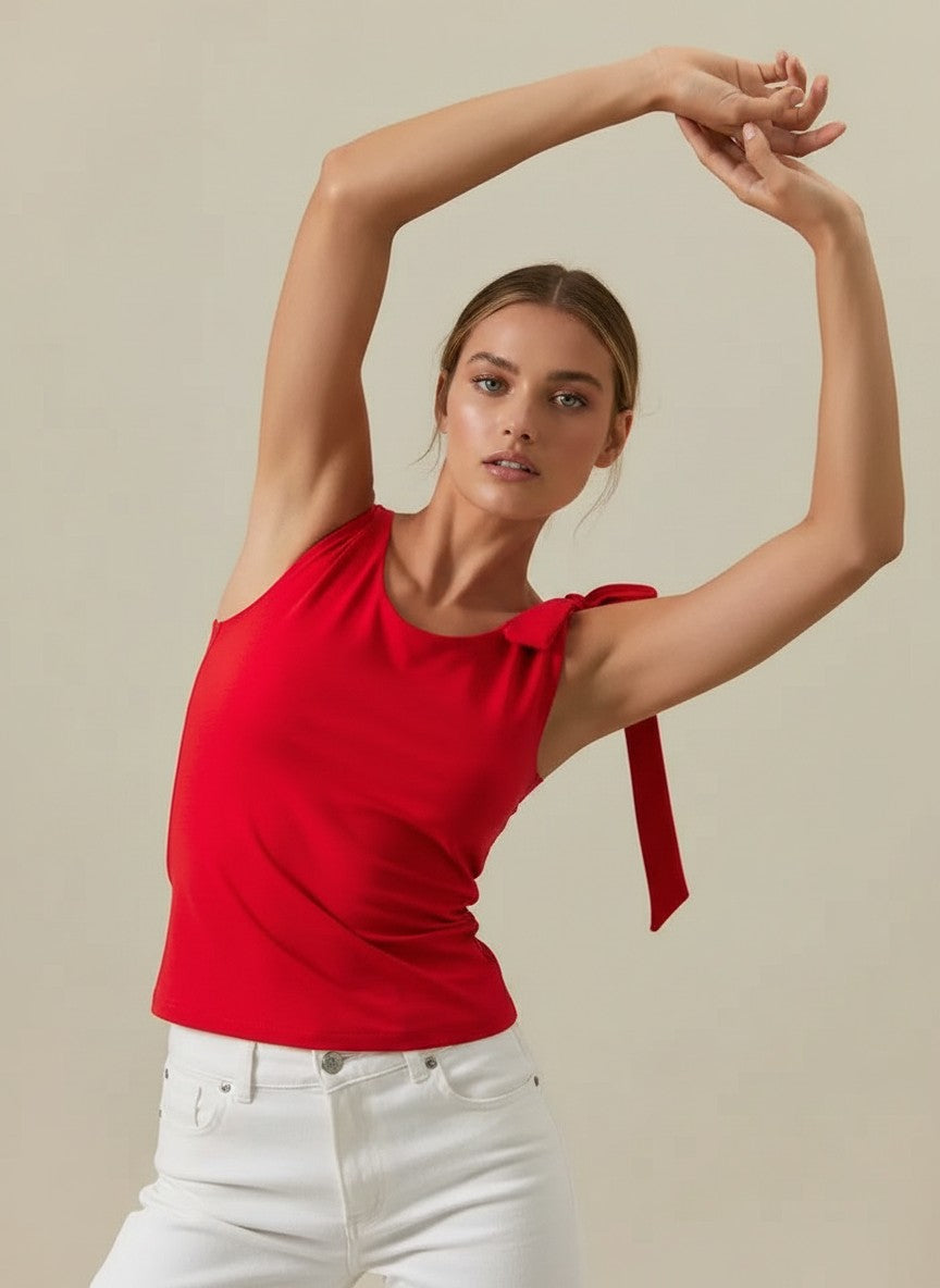 [AI-GEN] Self Double One Shoulder Tie Detail Top