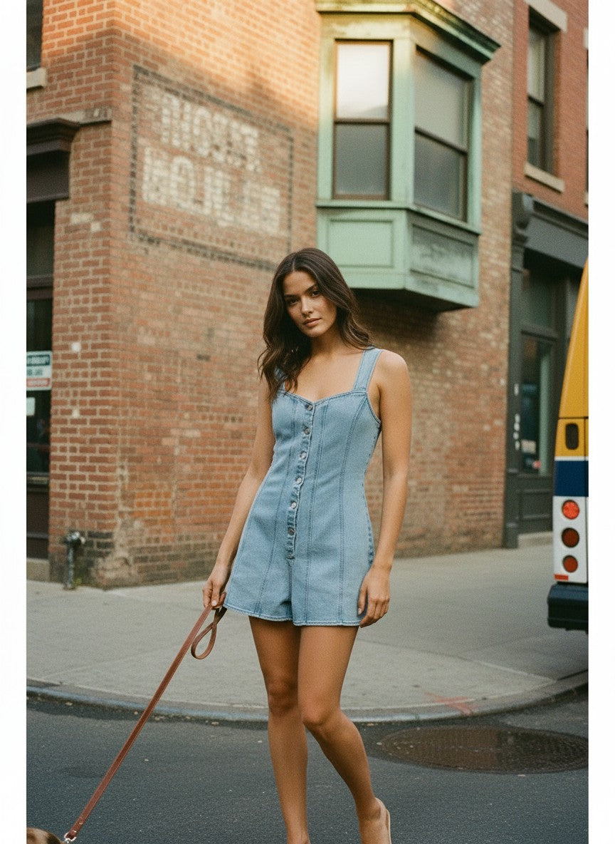 [AI-GEN] Sweetheart Neck Sleeveless Skort Denim Romper