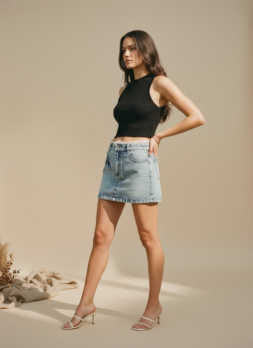 [AI-GEN] Mid Waist Denim Skirt with Lace Trim Detail