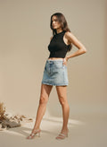[AI-GEN] Mid Waist Denim Skirt with Lace Trim Detail