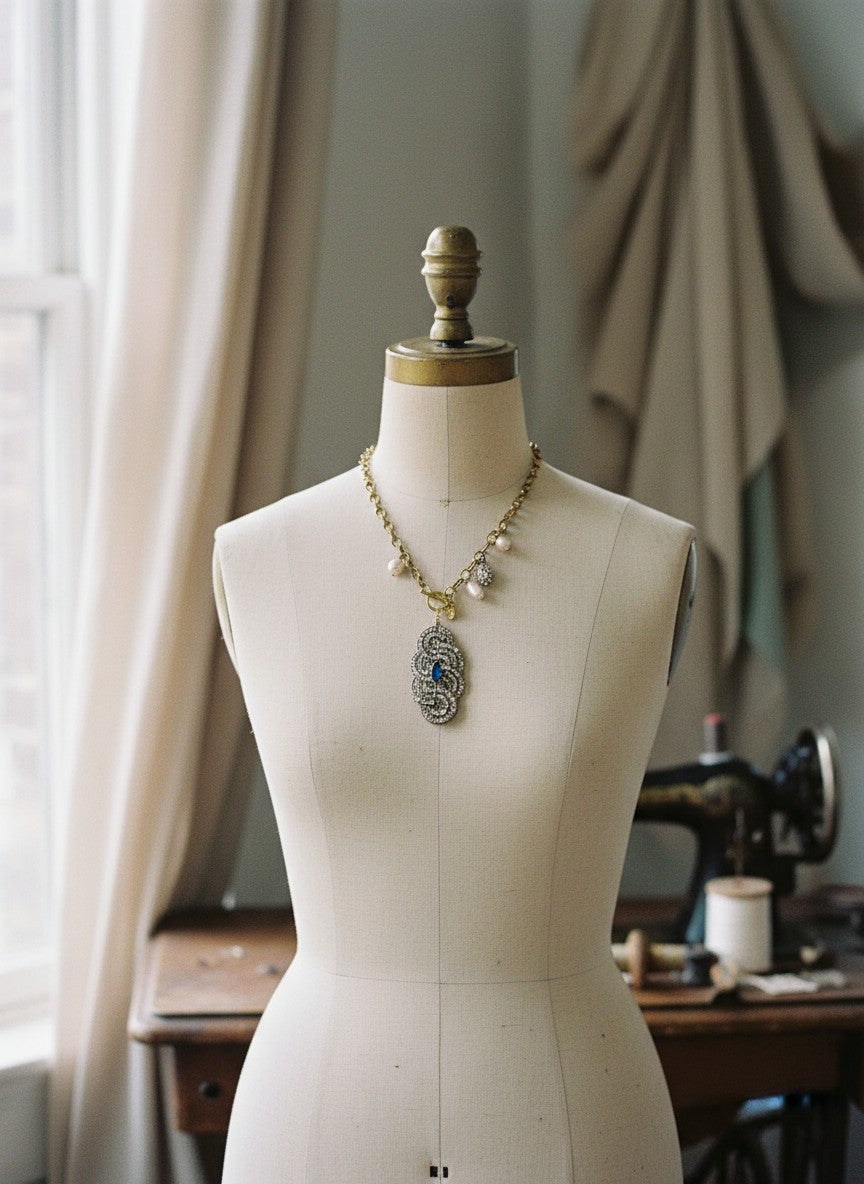 [AI-GEN] OOAK Vintage Rhinestone Broach & Charms Necklace