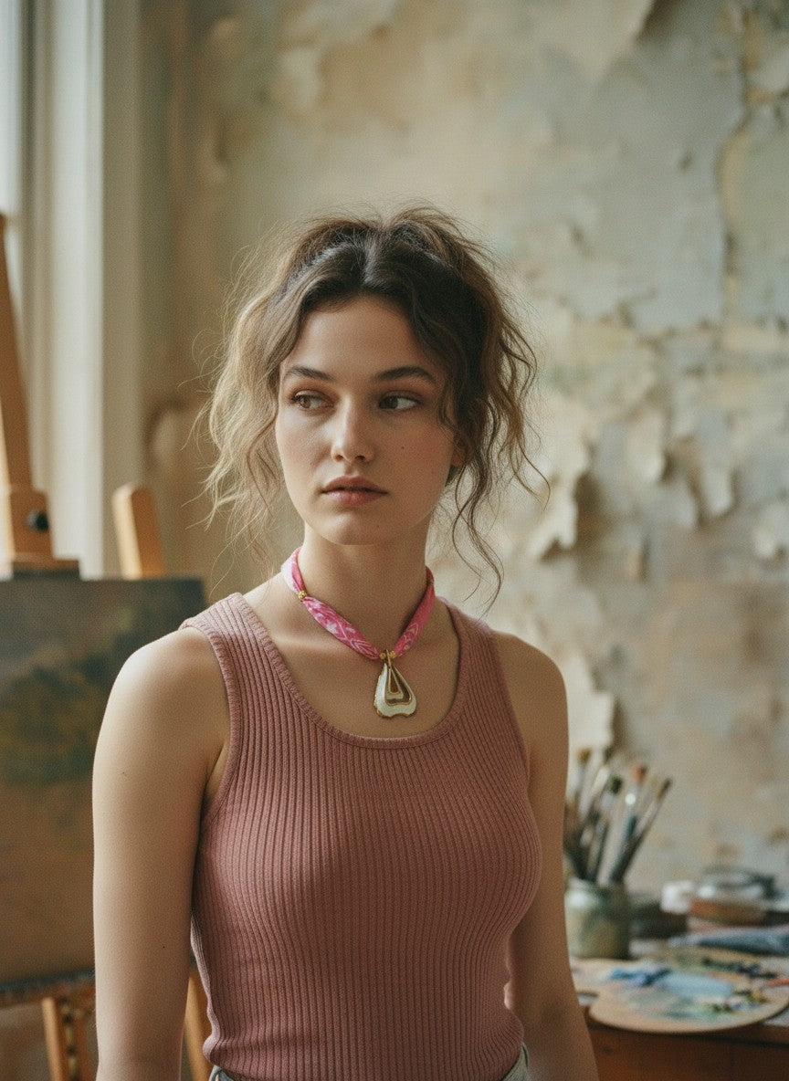 [AI-GEN] OOAK Pink Bandana Vintage Pendant Scarf Necklace