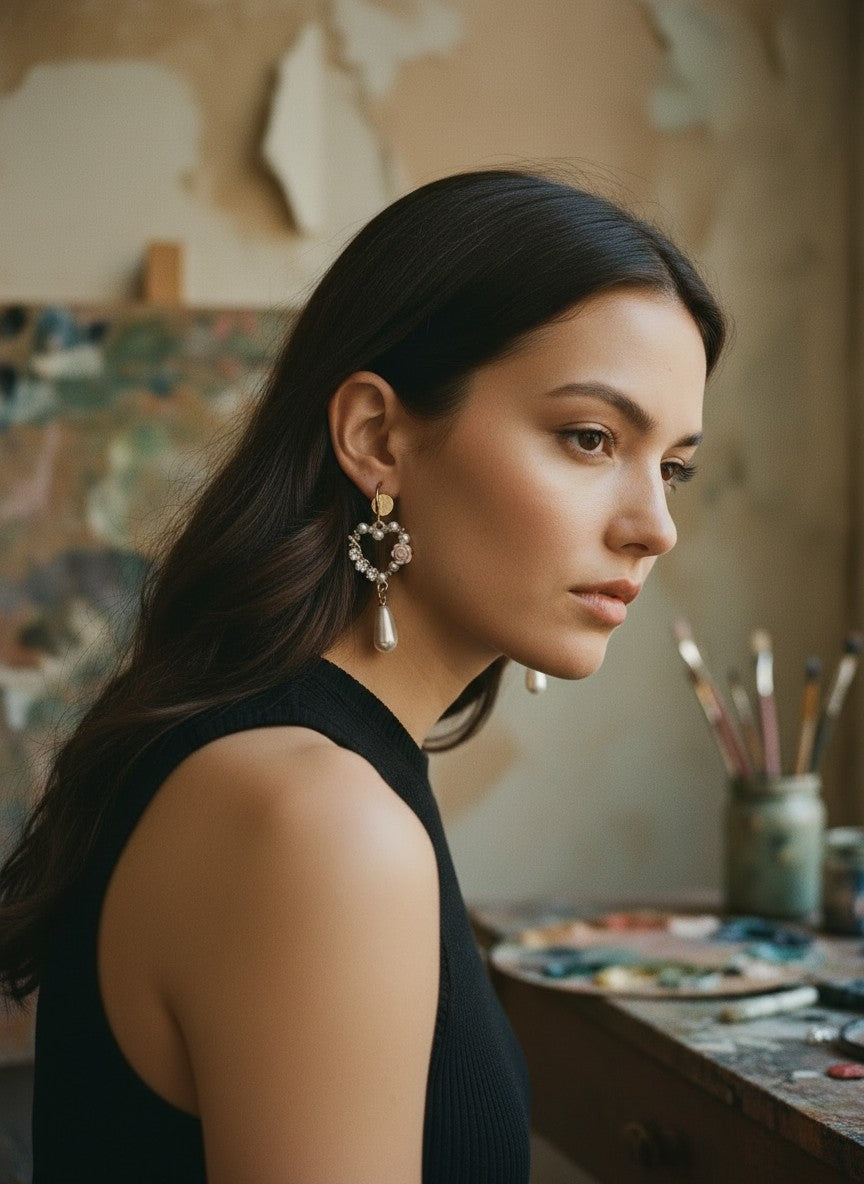 [AI-GEN] Handmade Floral Heart & Pearl Drop Earrings