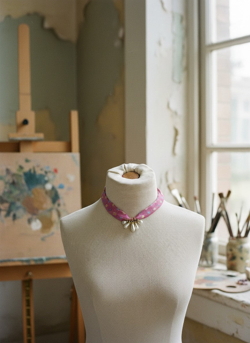 [AI-GEN] OOAK Silk Tie & Pearl Drop Scarf Necklace