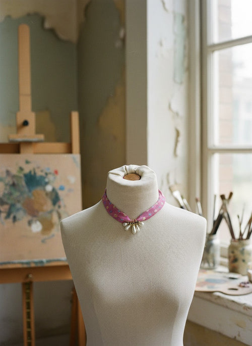 [AI-GEN] OOAK Silk Tie & Pearl Drop Scarf Necklace