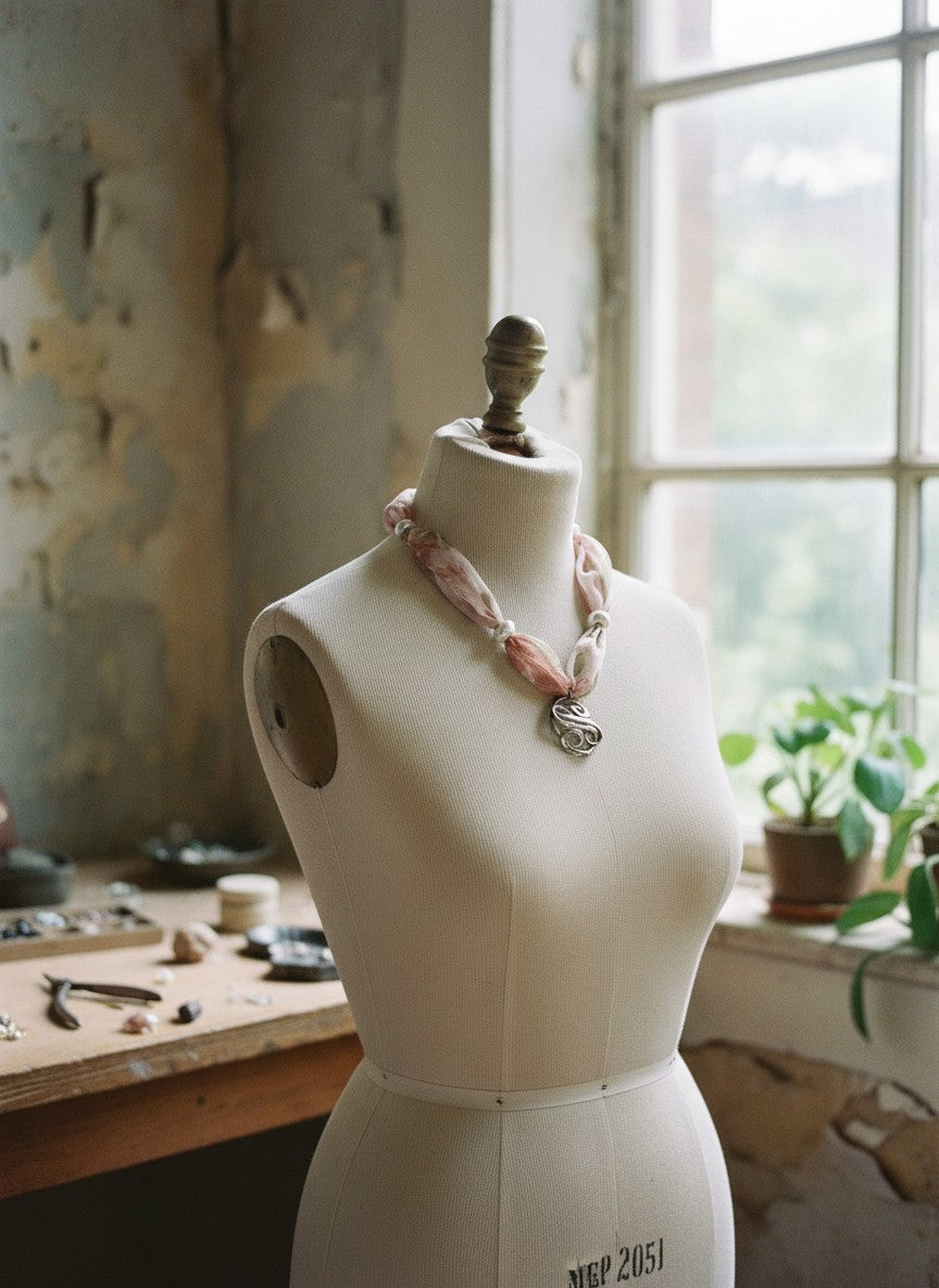 [AI-GEN] OOAK Vintage Pendant & Floral Chiffon Scarf Necklace