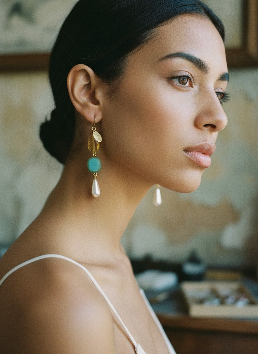 [AI-GEN] Handmade Citrine, Glass, & Pearl Drop Earrings