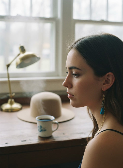 [AI-GEN] Handmade Turquoise Triangle & Chain Earrings