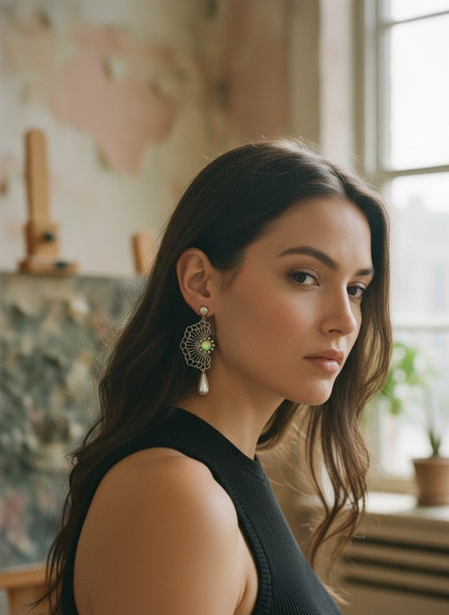 [AI-GEN] OOAK Vintage Fan & Pearl Drop Earrings