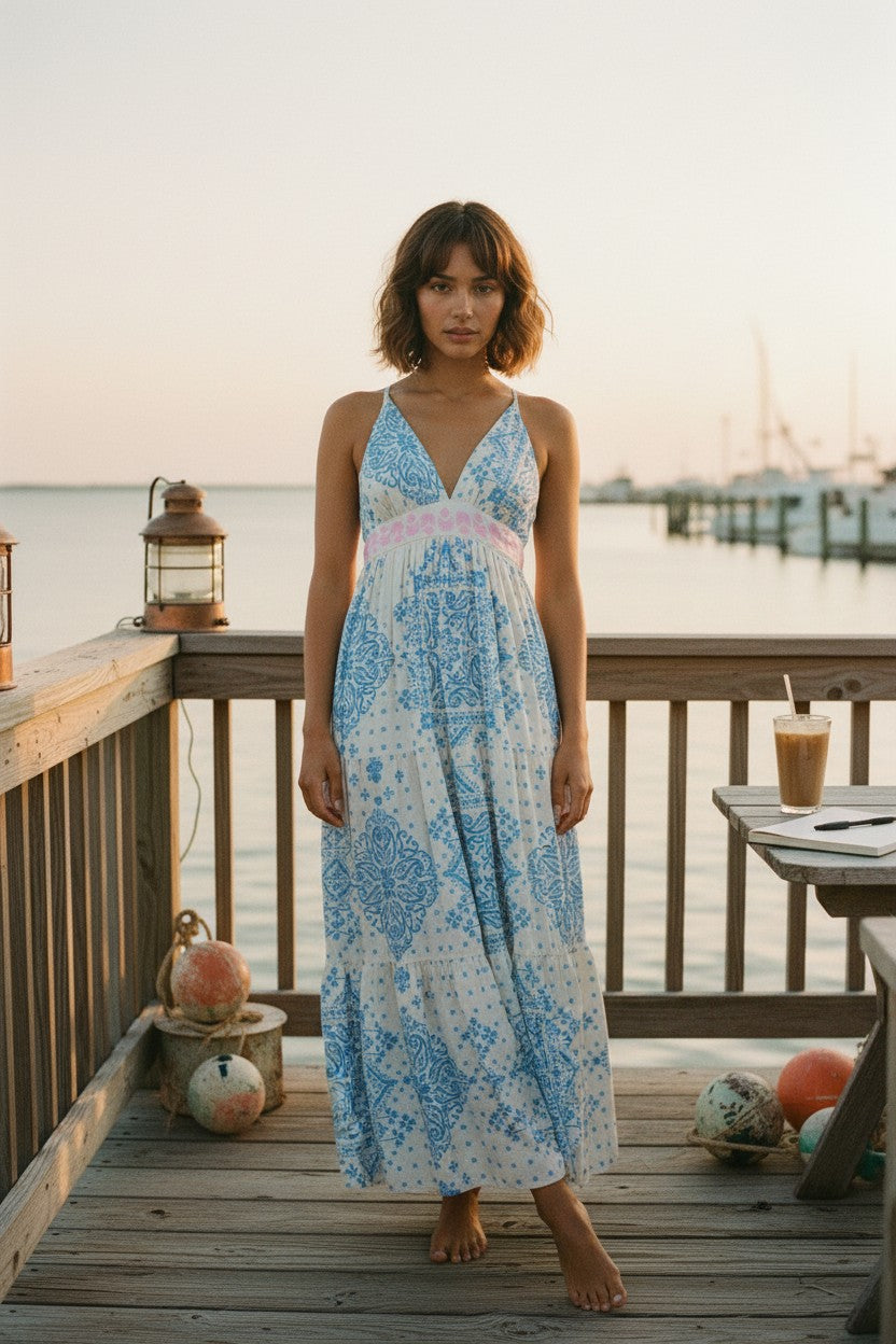 [AI-GEN] Surf Gypsy Bandana Printed Halter Maxi Dress