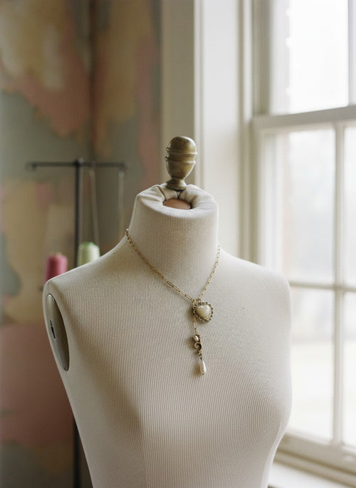 [AI-GEN] OOAK Vintage Heart & Pearl Drop Necklace
