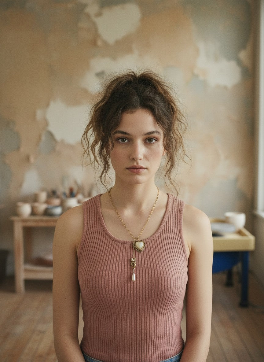 [AI-GEN] OOAK Vintage Heart & Pearl Drop Necklace