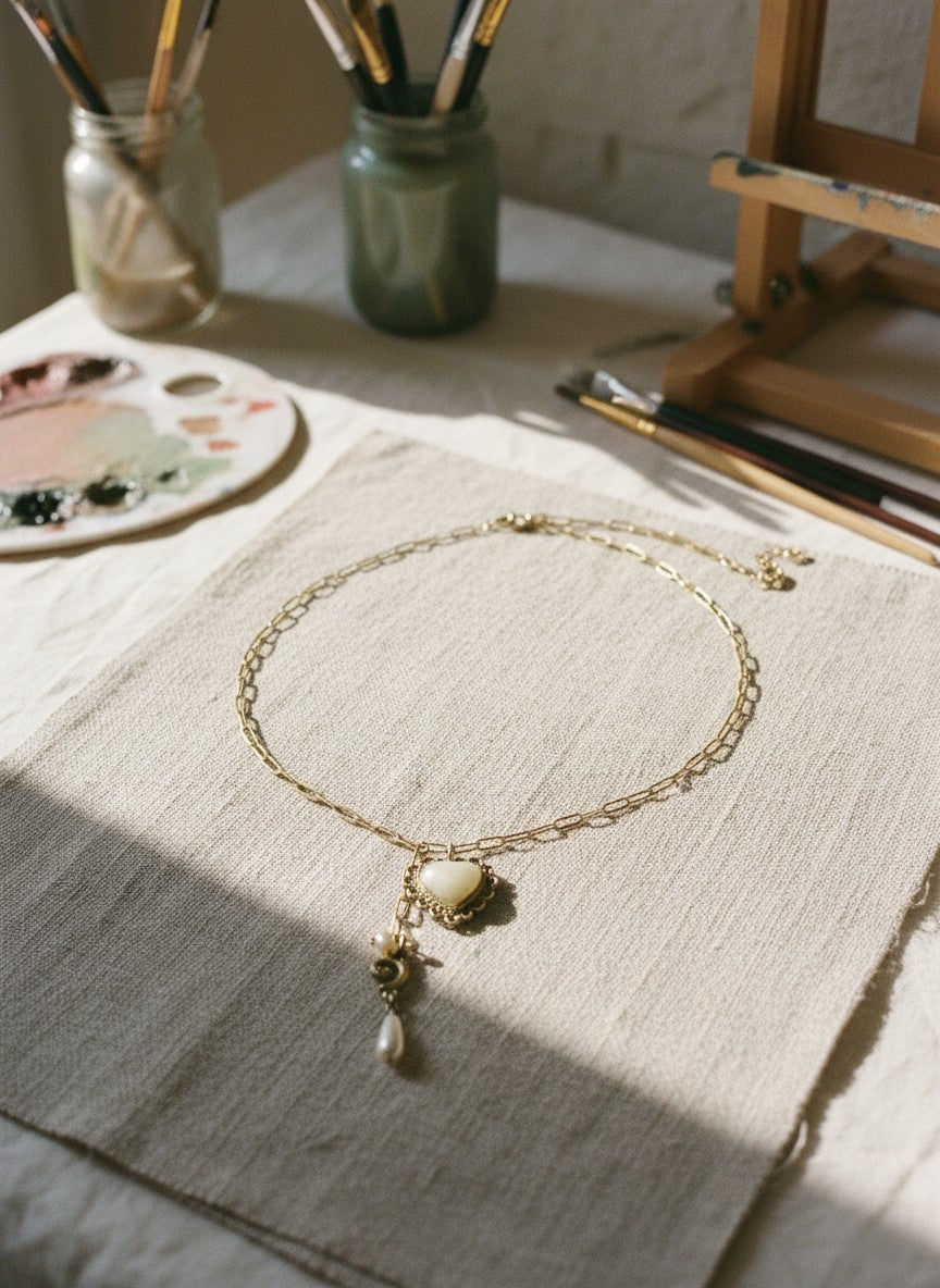 [AI-GEN] OOAK Vintage Heart & Pearl Drop Necklace