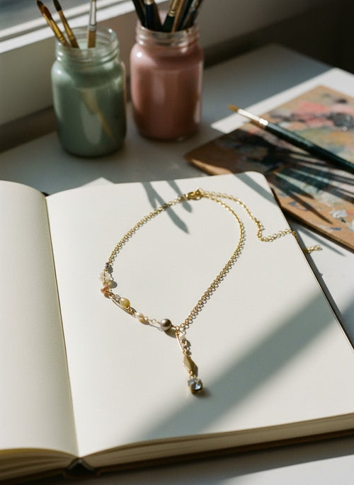 [AI-GEN] OOAK Safety Pin Peal Lariat Necklace