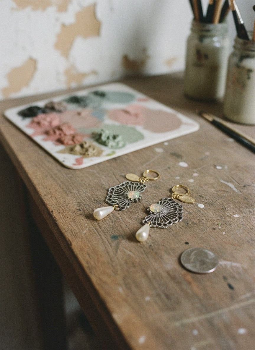 [AI-GEN] OOAK Vintage Fan & Pearl Drop Earrings