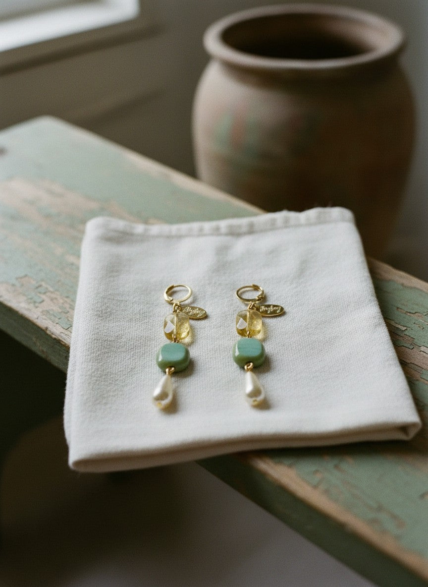 [AI-GEN] Handmade Citrine, Glass, & Pearl Drop Earrings