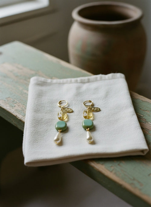 [AI-GEN] Handmade Citrine, Glass, & Pearl Drop Earrings