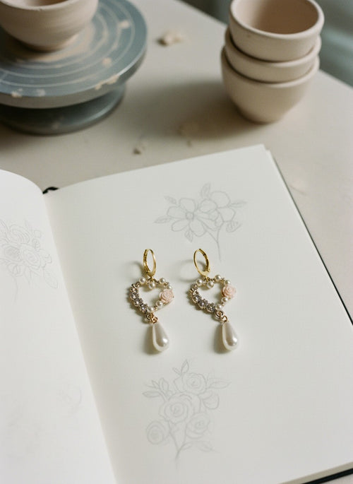 [AI-GEN] Handmade Floral Heart & Pearl Drop Earrings