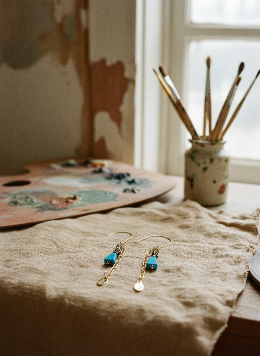 [AI-GEN] Handmade Turquoise Triangle & Chain Earrings