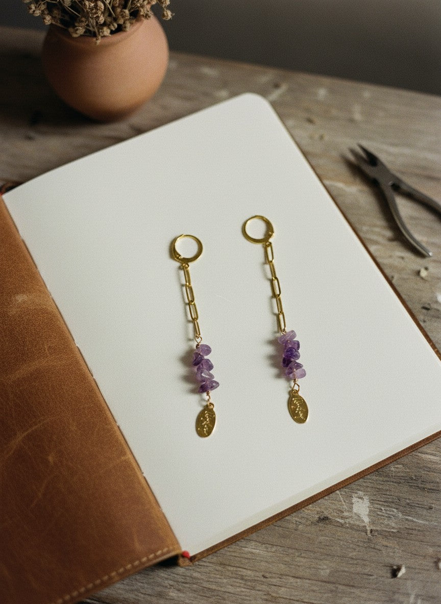 [AI-GEN] Handmade Amethyst Chips Chain Earrings