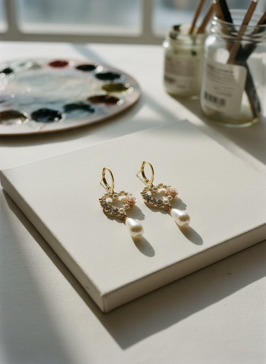 [AI-GEN] Handmade Rose Heart & Pearl Earrings