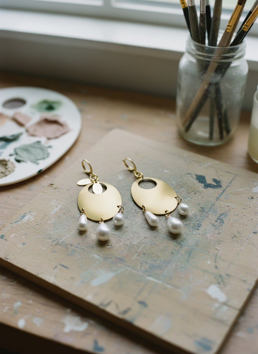 [AI-GEN] OOAK Vintage Brass & Pearl Statement Earrings
