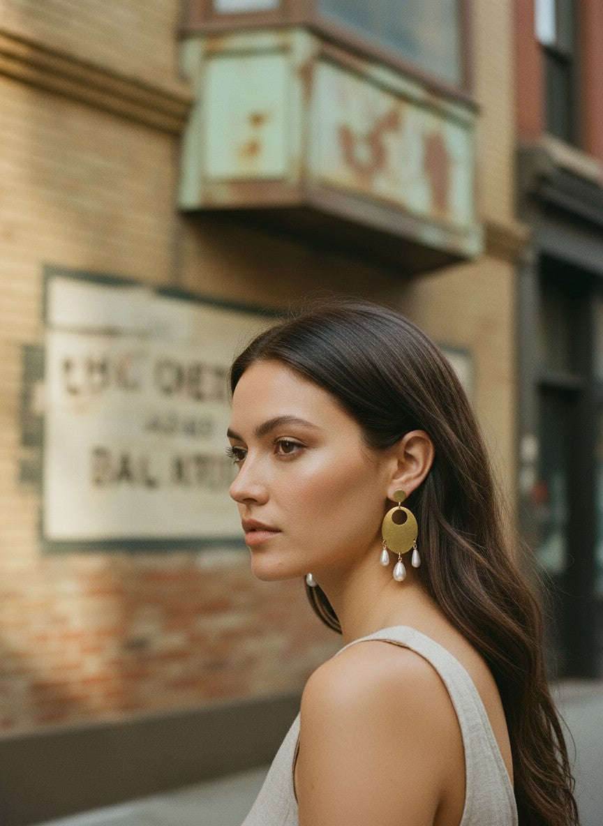 [AI-GEN] OOAK Vintage Brass & Pearl Statement Earrings