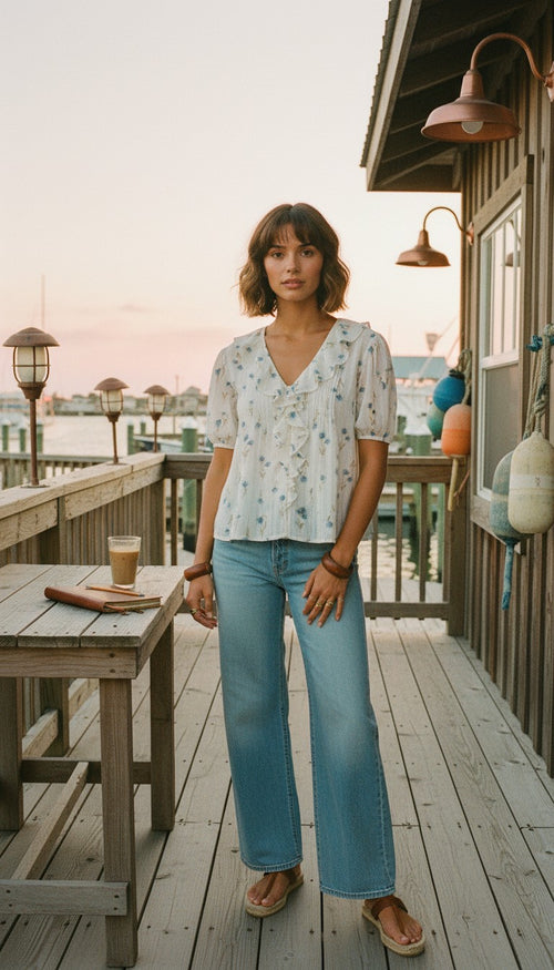 [AI-GEN] Floral Ruffle Button Up Top