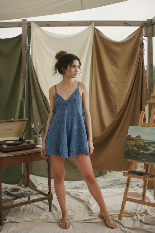 [AI-GEN] Denim Flared Romper With Side Tie Detail