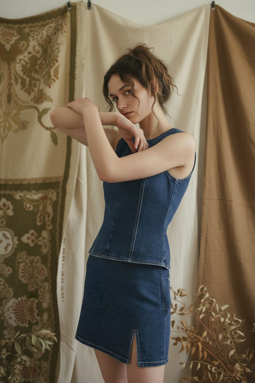 [AI-GEN] Denim Open Back Top With Bow Detail And Mini Skirt