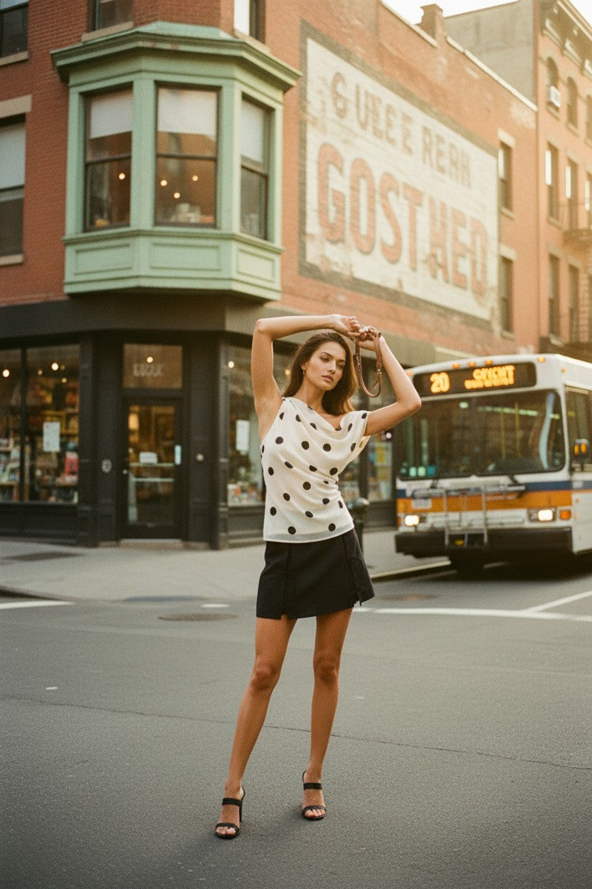 [AI-GEN] Polka Dot Asymmetric Ruched Off The Shoulder Top