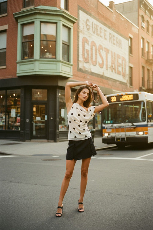 [AI-GEN] Polka Dot Asymmetric Ruched Off The Shoulder Top