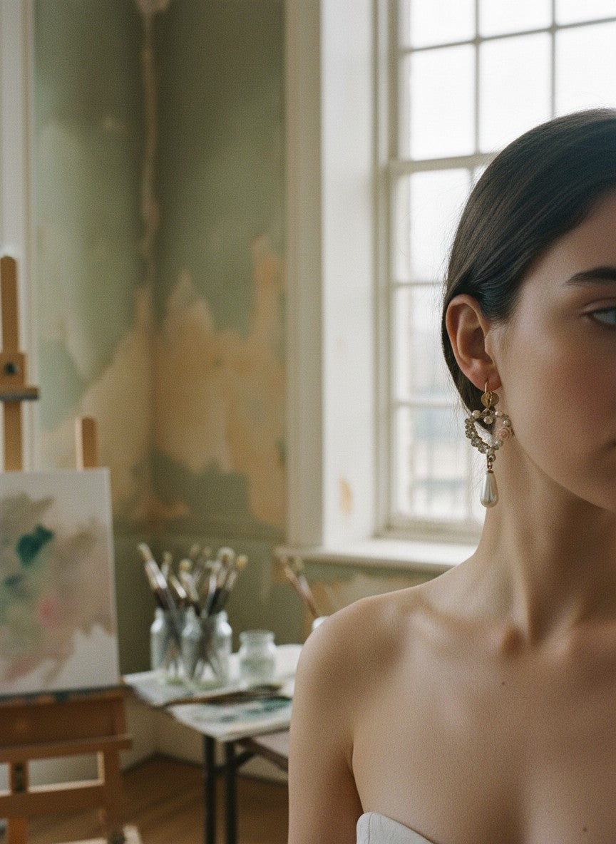 [AI-GEN] Handmade Floral Heart & Pearl Drop Earrings