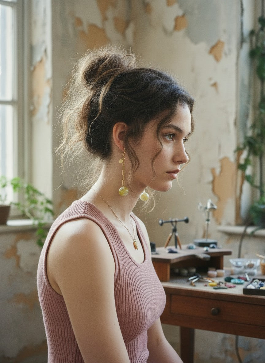 [AI-GEN] Handmade Lemon Jasper Sphere Earrings