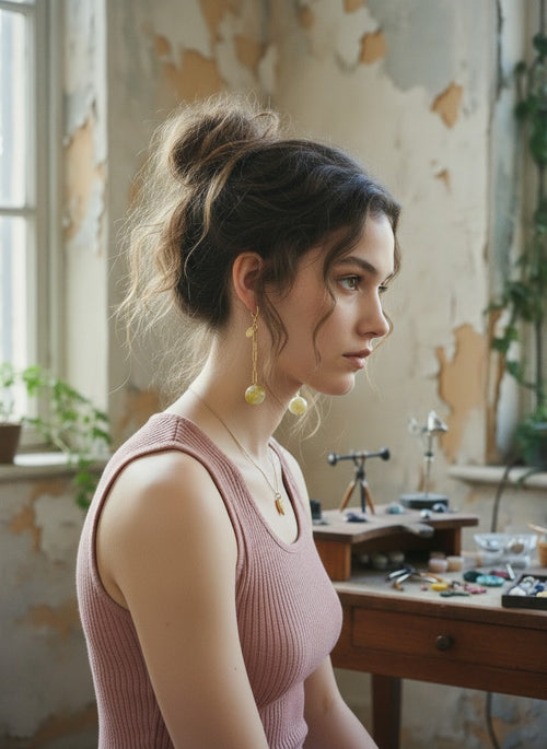 [AI-GEN] Handmade Lemon Jasper Sphere Earrings