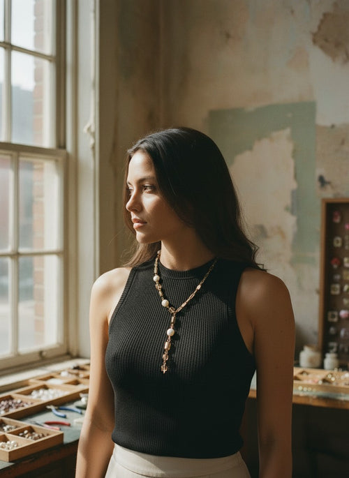 [AI-GEN] Handmade Glass & Freshwater Pearl Lariat Necklace