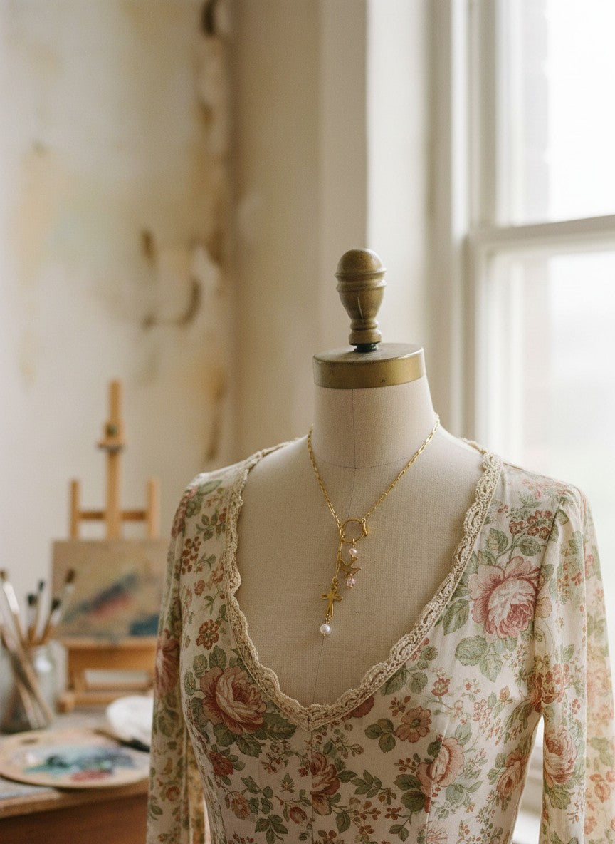 [AI-GEN] OOAK Bird Cross Lariat Necklace