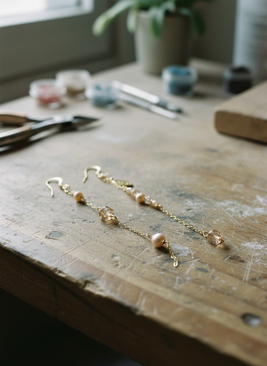 [AI-GEN] Handmade Long Pearl & Glass Mismatch Earrings