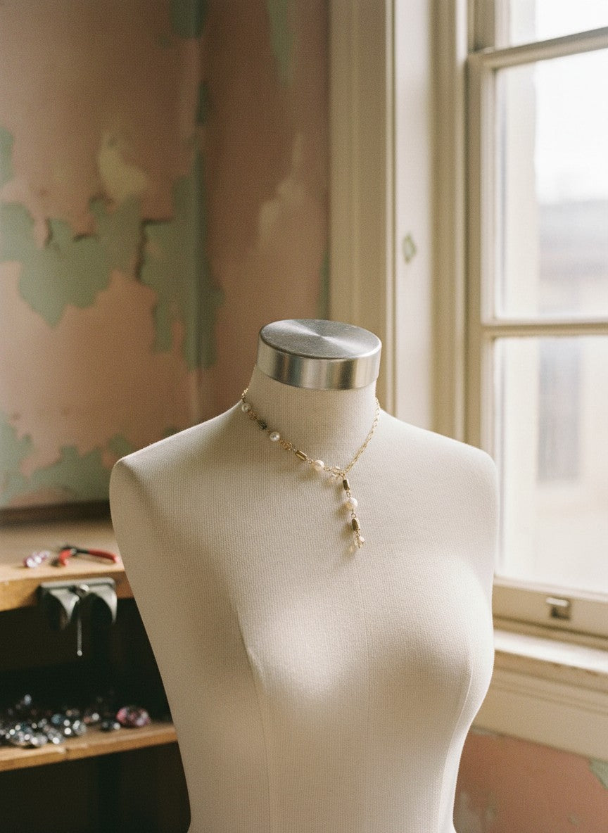 [AI-GEN] Handmade Glass & Freshwater Pearl Lariat Necklace