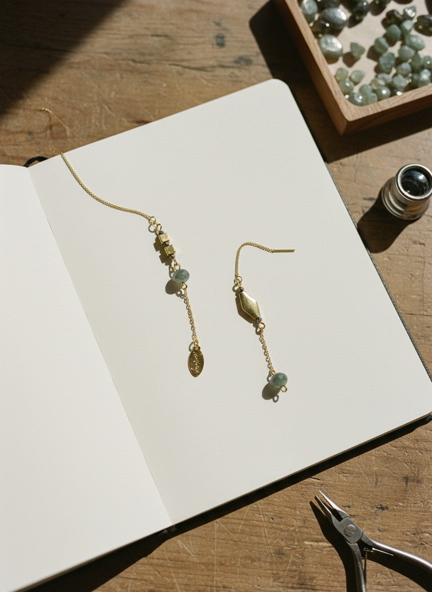 [AI-GEN] Handmade Brass Diamond & Cube Mismatch Threader Earrings