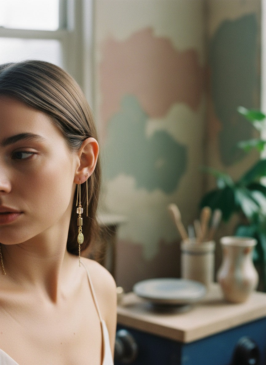 [AI-GEN] Handmade Cube & Rectangle Glass Threader Earrings