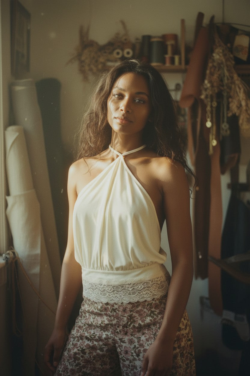 [AI-GEN] Halter Neck Top with Lace Trim